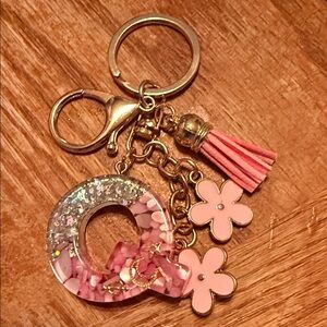 Pink Floral Resin Letter Q Keychain with Tassel